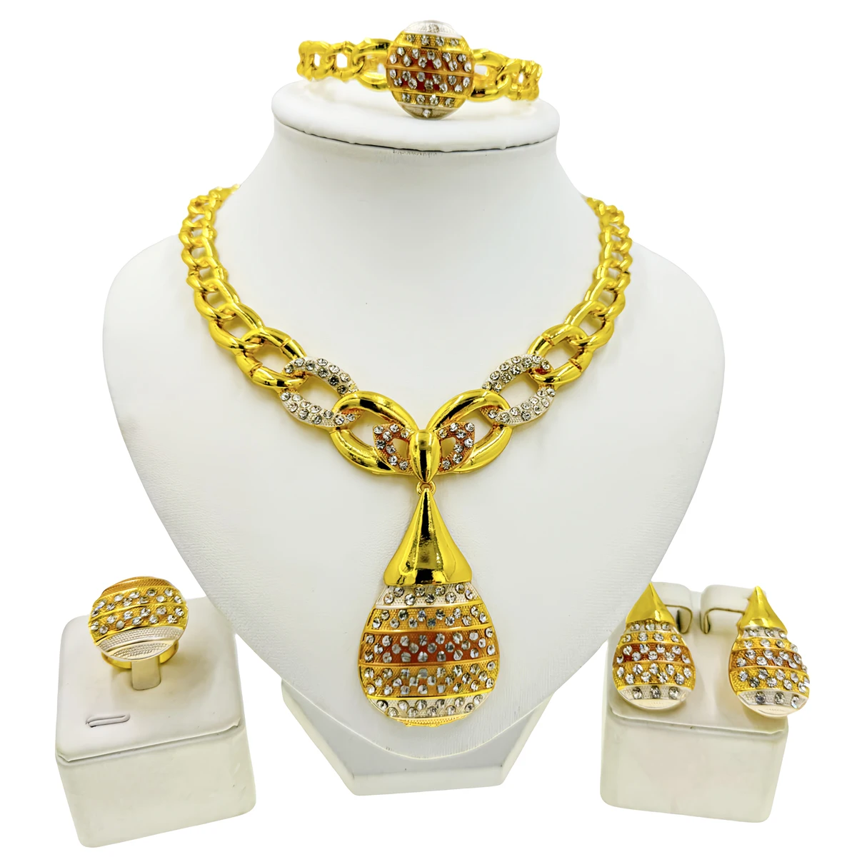 

Jewelry Sets for Women African Gold Silver Crystal Statement Necklace Charm Bracelet Earrings Ring Wedding Accessories Gifts