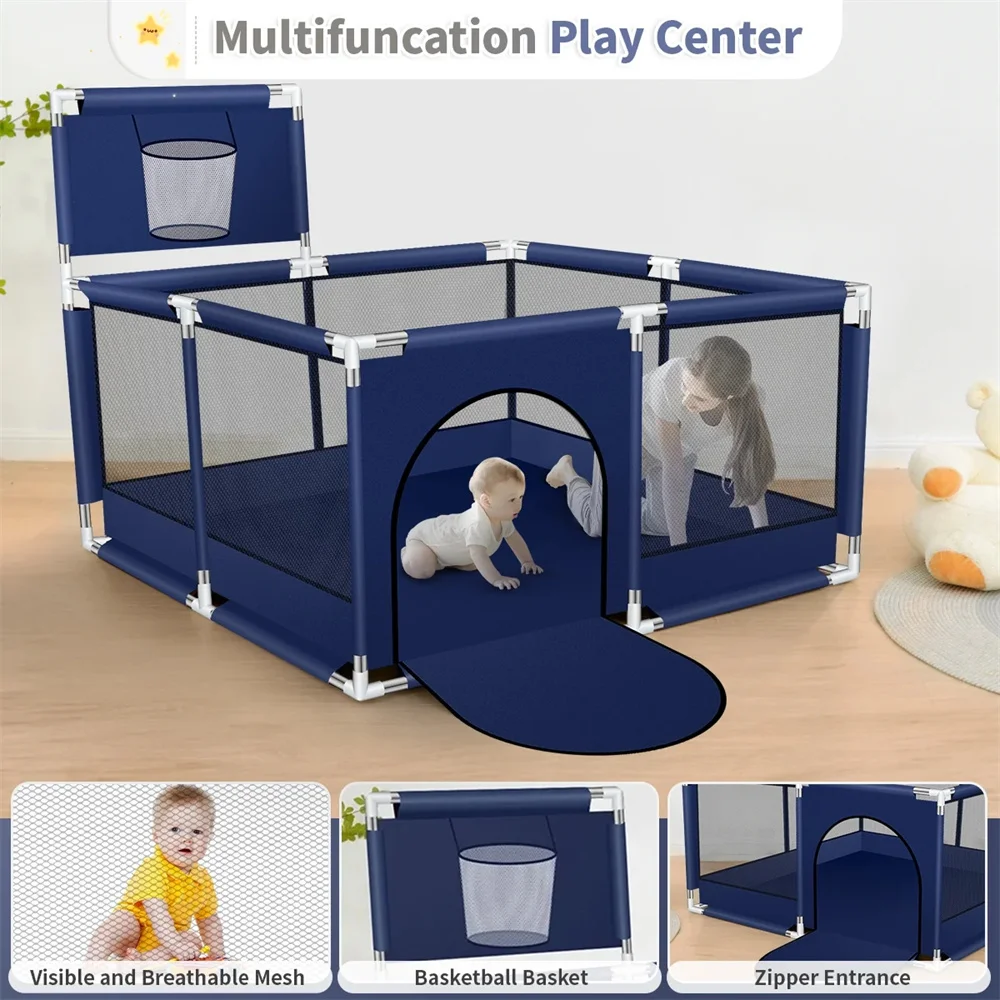 Large Square Baby Playpen (50x50 Inch) with Basketball Hoop,