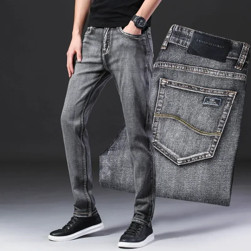 Jeans gris fins pour hommes, pantalons droits en denim, style classique, mode d'affaires, haute qualité, marque masculine FJM, été