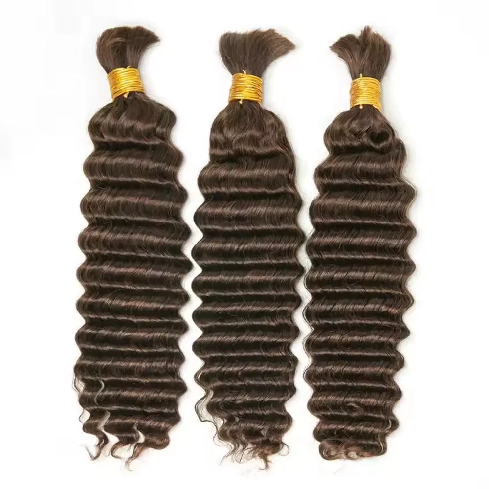#4 Medium Brown Deep Wave Bulk Human Hair Extensions For Braiding Remy Hair Deep Curly Bulks Boho Braids For Women 4