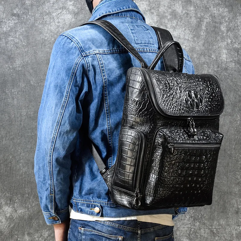 

Fashion Men's Backpack Leather Crocodile Pattern Backpack Creative Student Backpack Cowhide Travel Bag Computer Bag