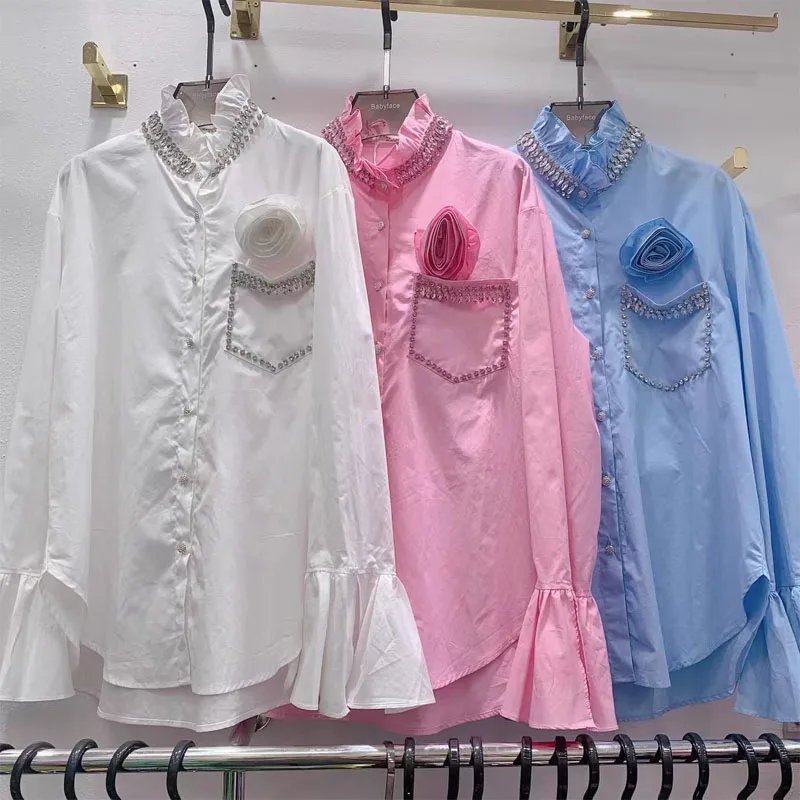 

Rhinestone 3D Flower Blouses Shirts for Women 2024 Spring Autumn New Commute Style Loose Casual Single-breasted Shirt Top Female