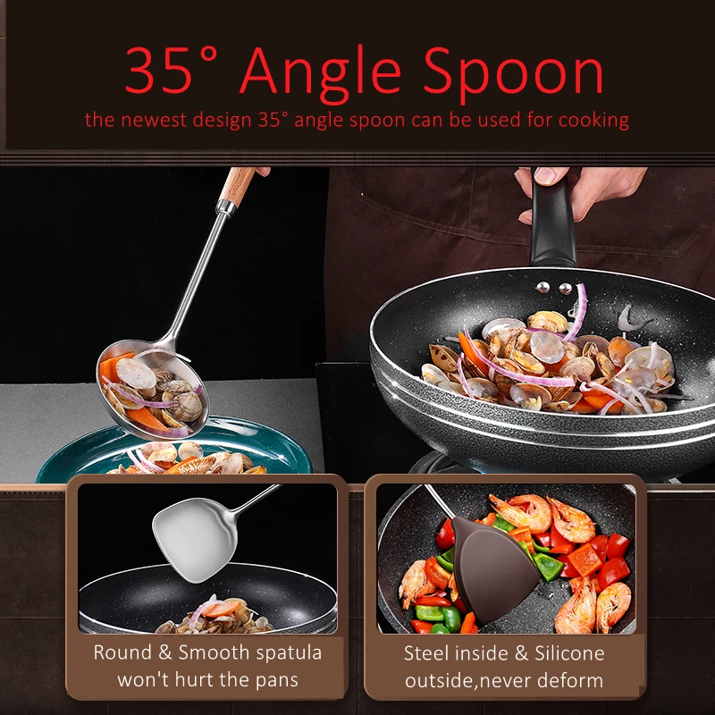 Luxury LFGB Certificate 316L Stainless Steel Wood Handle Kitchen Spatula Set Spoon Silicone Spatula for Family Cooking Tool