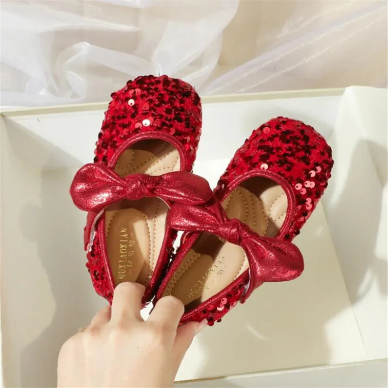Red Sequins Girls' Princess Shoes Children's soft sole Dance Shoes Kids Flats Single Children's Walk Show Performance