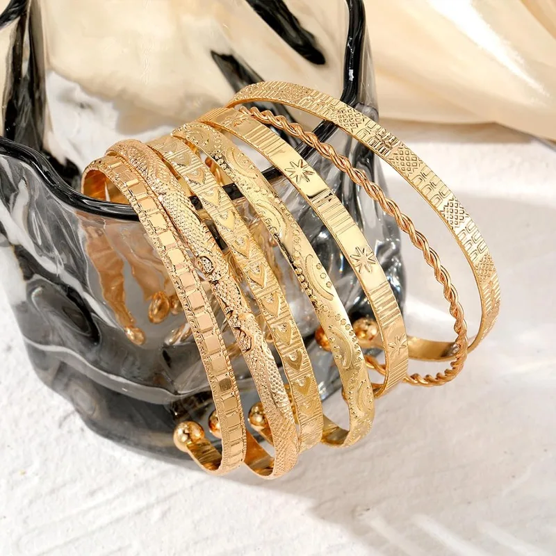 thumbnail image 2 of Everyday Stacking Jewelry 6-Piece Gold Plated Bracelet Set - Layered Bangle & Cuff Stack For Women, Adjustable & Non-Tarnish Adjustable Women's Jewelry 2 of 11