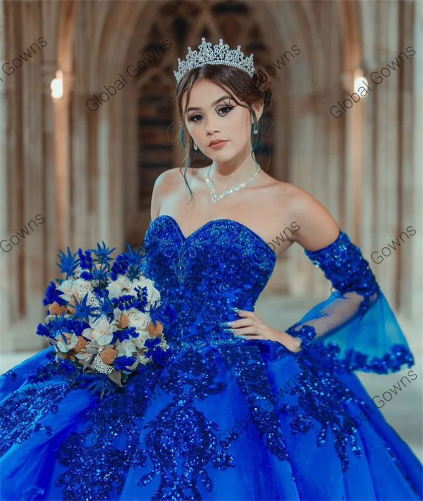 Mexico Royal Blue Sweetheart Ball Gown Quinceanera Dress Sequin Birthday Party Gowns With Sleeve Sweet 16 Robe De Bal