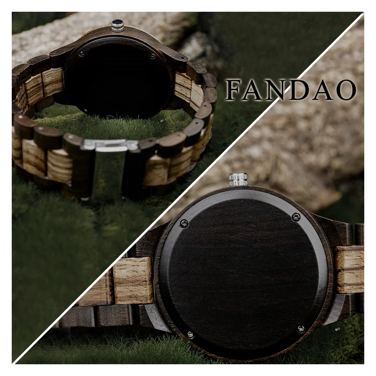FANDAO VIKING Mens Wooden Watches, Vegvisir Tattoo Watch Face Retro Rune Men's Wooden Wrist Watch, With Strap Removal Tool