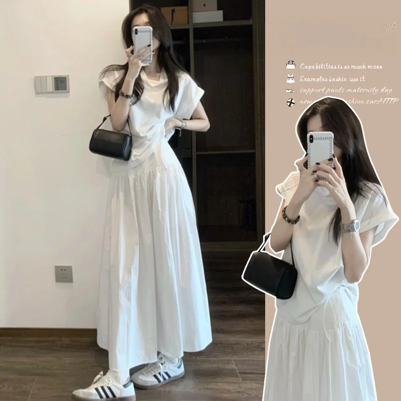 여름 임부복 반팔 상의와 스커트 세트 여성 패셔너블 임산부 의상 투피스 세트 ..