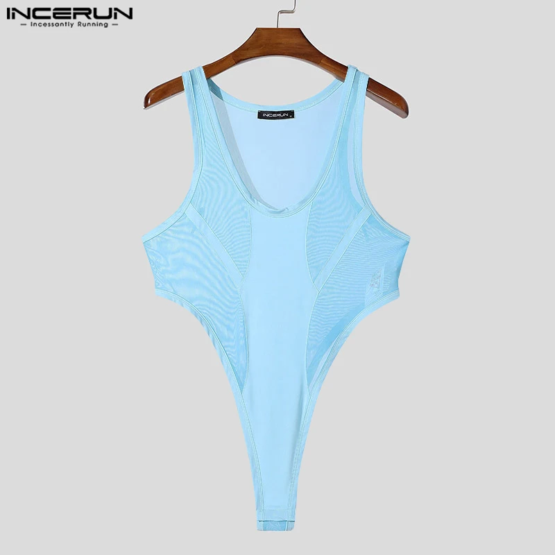 INCERUN U-Neck Mesh Splicing Comfortable Homewear Men Sleeveless Bodysuits Solid See Through Jumpsuits Solid Loungewear