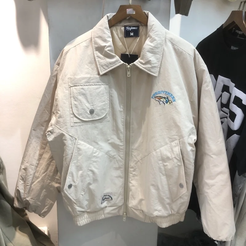 

FORGIVENESS Winter Jacket Cotton Embroidery Logo Multi Pocket Men's Loose Zip Casual Coat