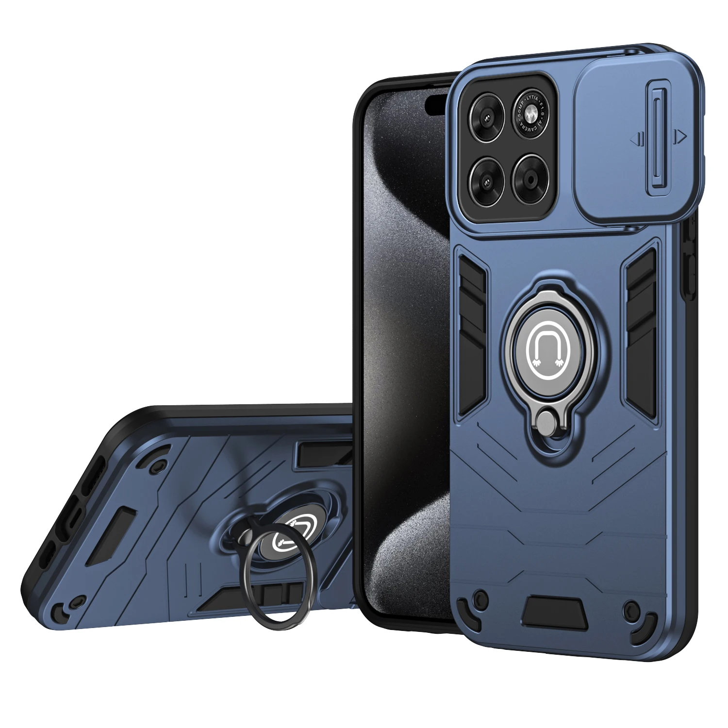 Hybrid Armor Shockproof Case with Sliding Window and Metal Ring Stand - TPU Plastic Phone Cover