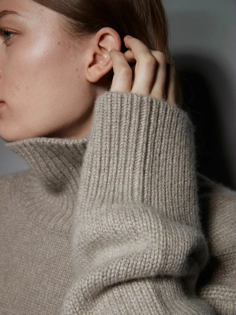 여성용 터틀넥 100% 순수 캐시미어 스웨터, 두꺼운 루즈하고 게으른 스타일 하의 니트 실루엣 스웨터