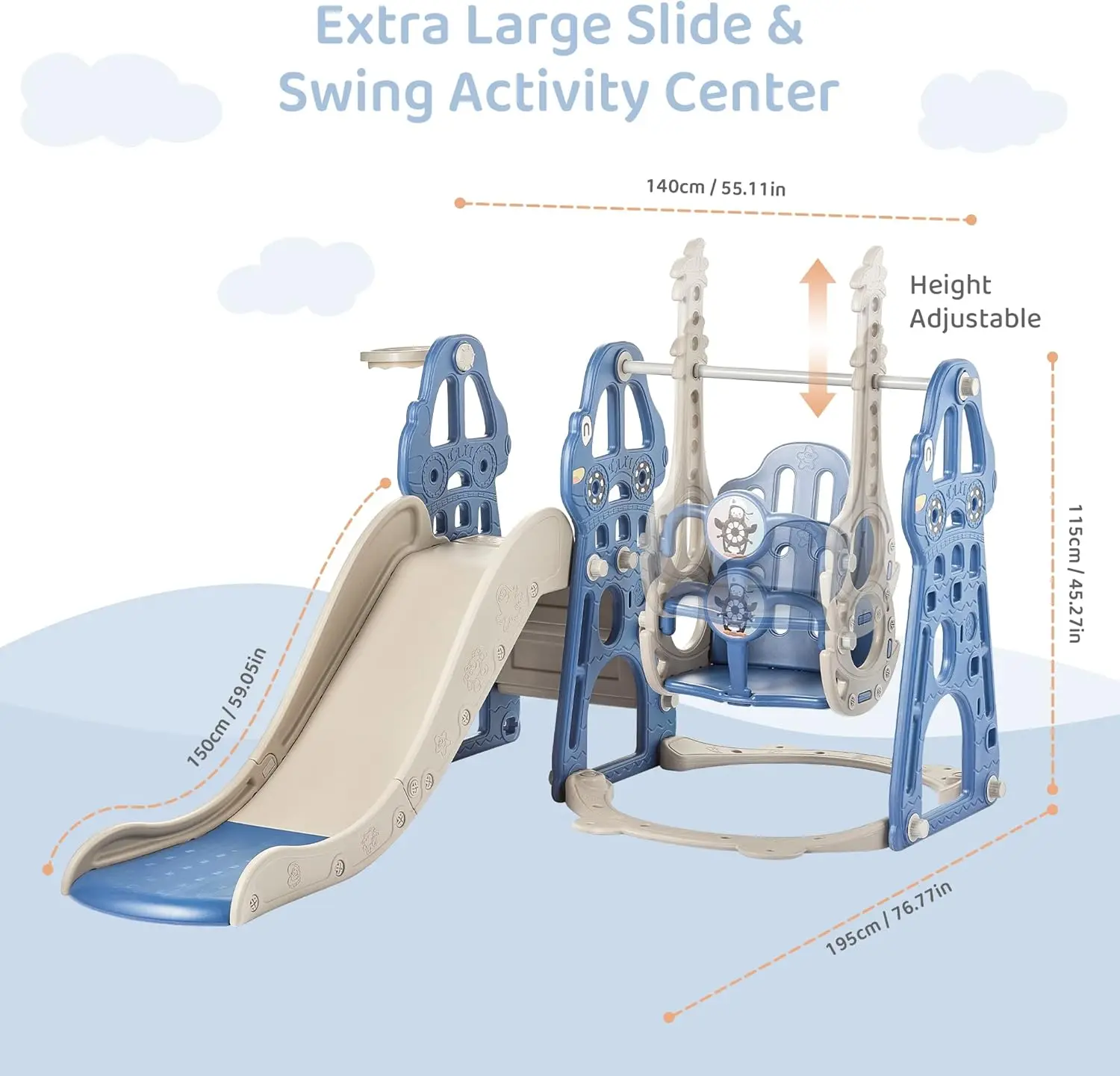 4-in-1 Toddler Slide and Swing Set with Extra Large Playground, Basketball Hoop & Climber, Indoor/Outdoor Playset, Taxi Collecti