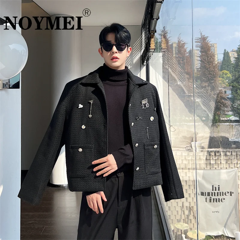 

NOYMEI Korean Style 2024 Spring Woolen Jacket Metal Decoration Black Men's Short Coat Laepl Single Breasted Male Top WA3115
