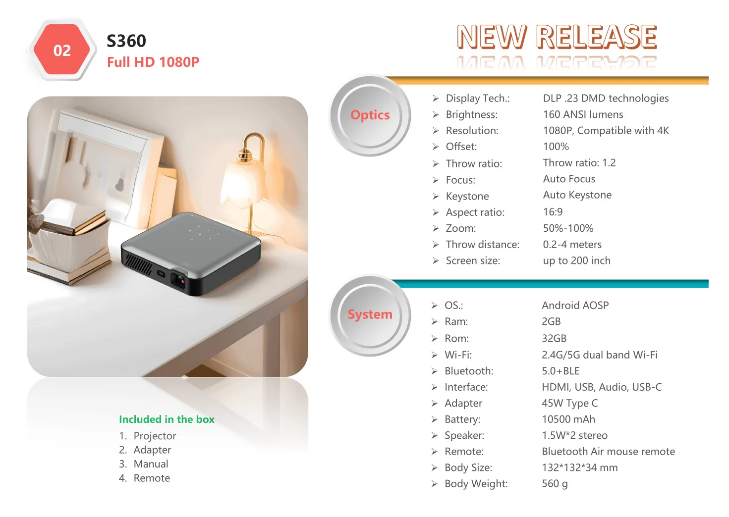 S360 جهاز عرض ذكي جديد 1080P 4K ثلاثية الأبعاد أند...