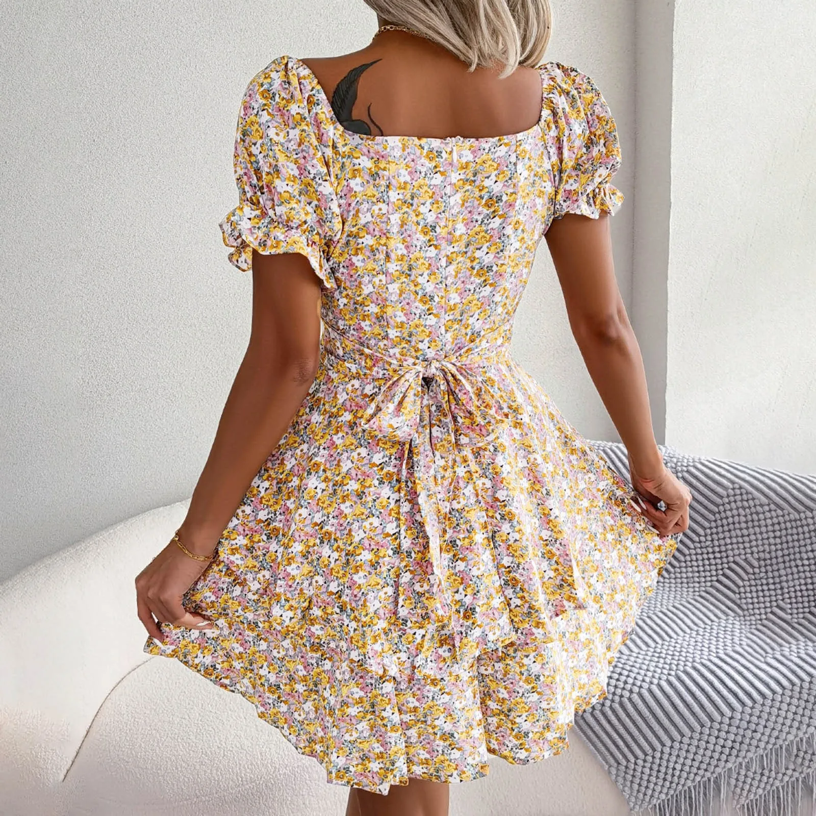 

Women Vintage Casual A Line Summer Elegant Floral Party Swing Dress Short Sleeve Square Neck Elegante Mujer Lujo Clothes Women