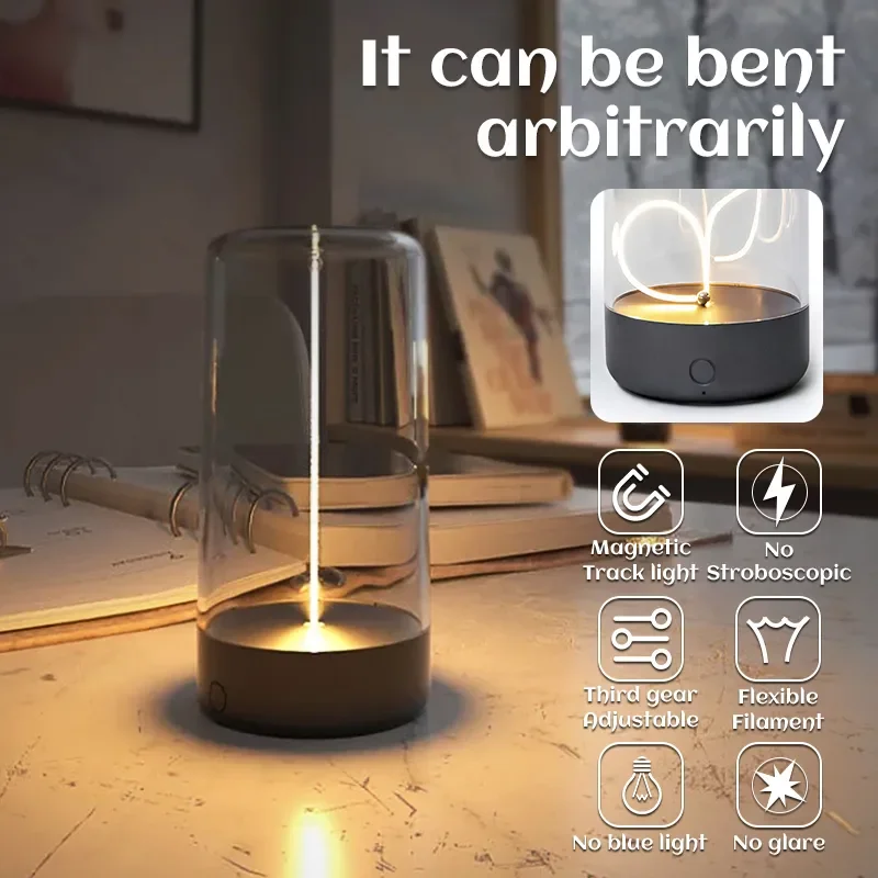 Cordless Table Lamp Magnetic Filament Movable Minimalist Table Lamp With 3 Levels Touch Dimmable Rechargeable Nightstand Lights 2