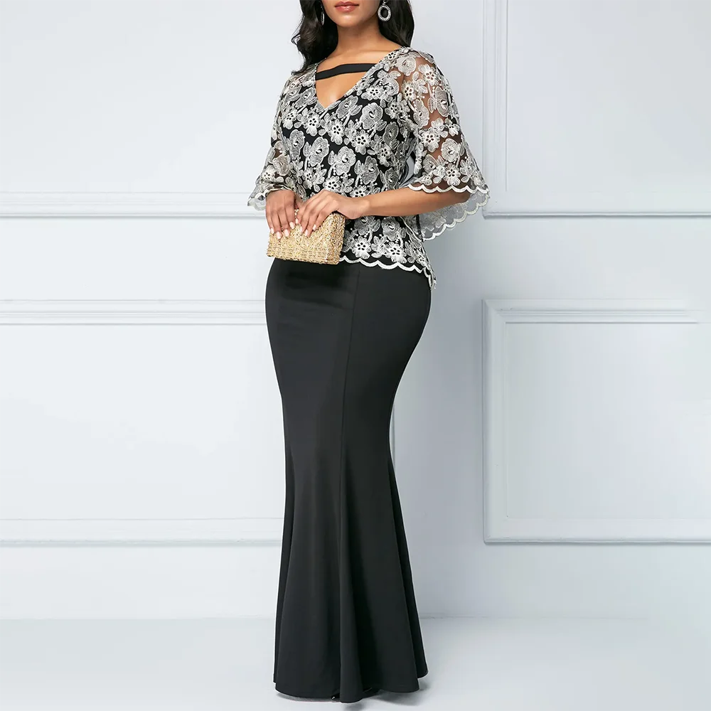 

Elegant Long Sleeves Lace Mother Of The Bride Dresses Mermaid V Neck Wedding Guest Dress Floor Length Plus Size Evening Gowns
