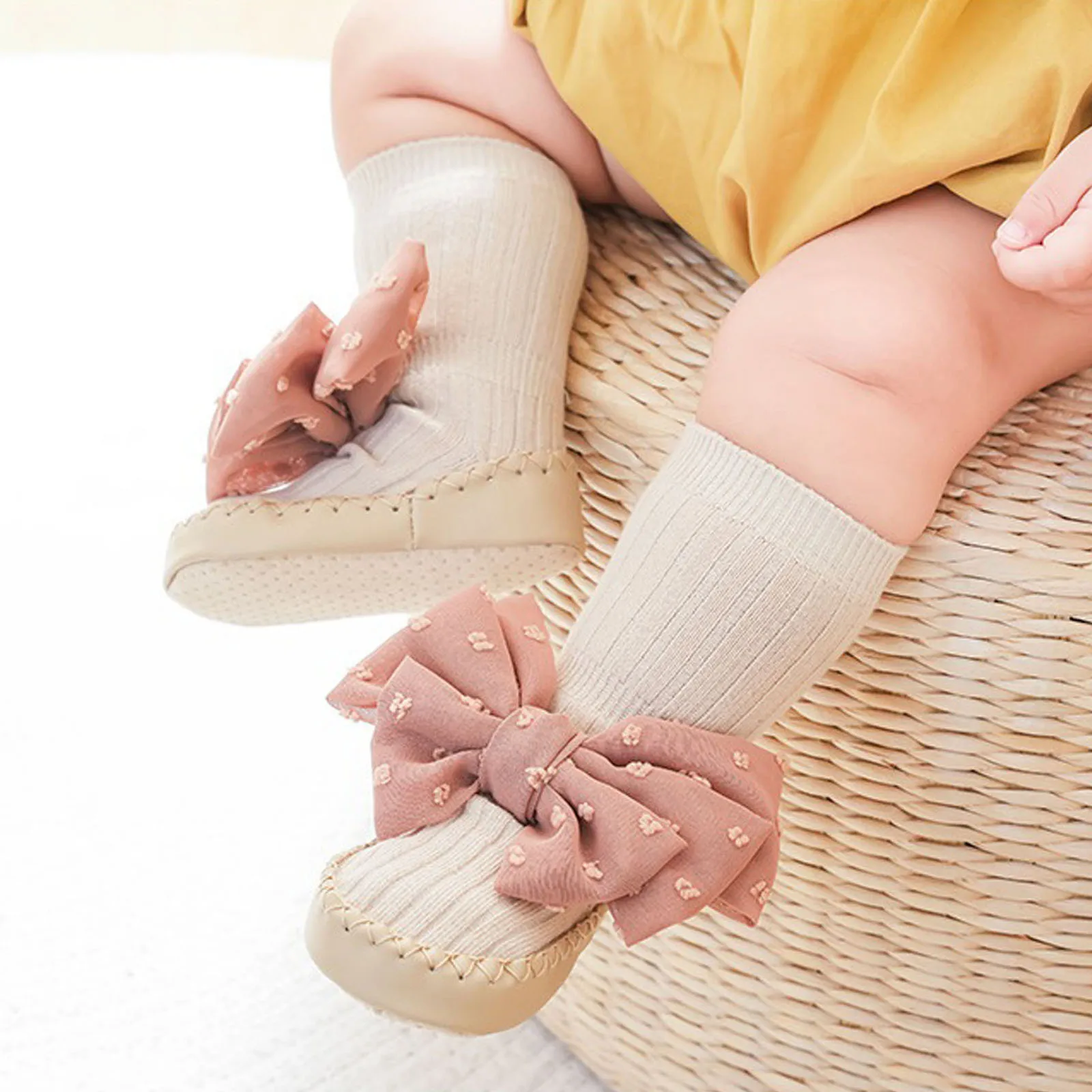 EWODOS Newborn Baby Girl Sock Shoes Cute Bowknot Soft Sole Non-slip Floor Slippers Walking Shoes Toddler Infant Baby Crib