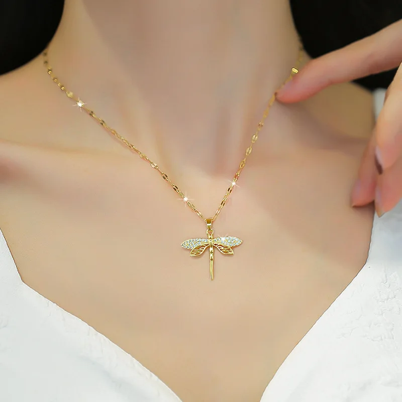 DIEYURO 316L Stainless Steel Personality Dragonfly Pendant Necklace For Women Fashion Girls Collarbone Chain Party Jewelry Gifts_voghion.com