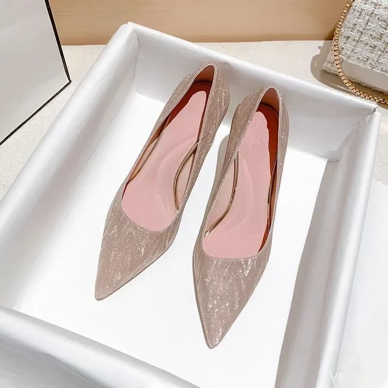 Trendy Women's High-heeled Single Shoe Pointed New Versatile All Season Shallow Mouth Temperament Sequined Women's Shoes Luxur 4