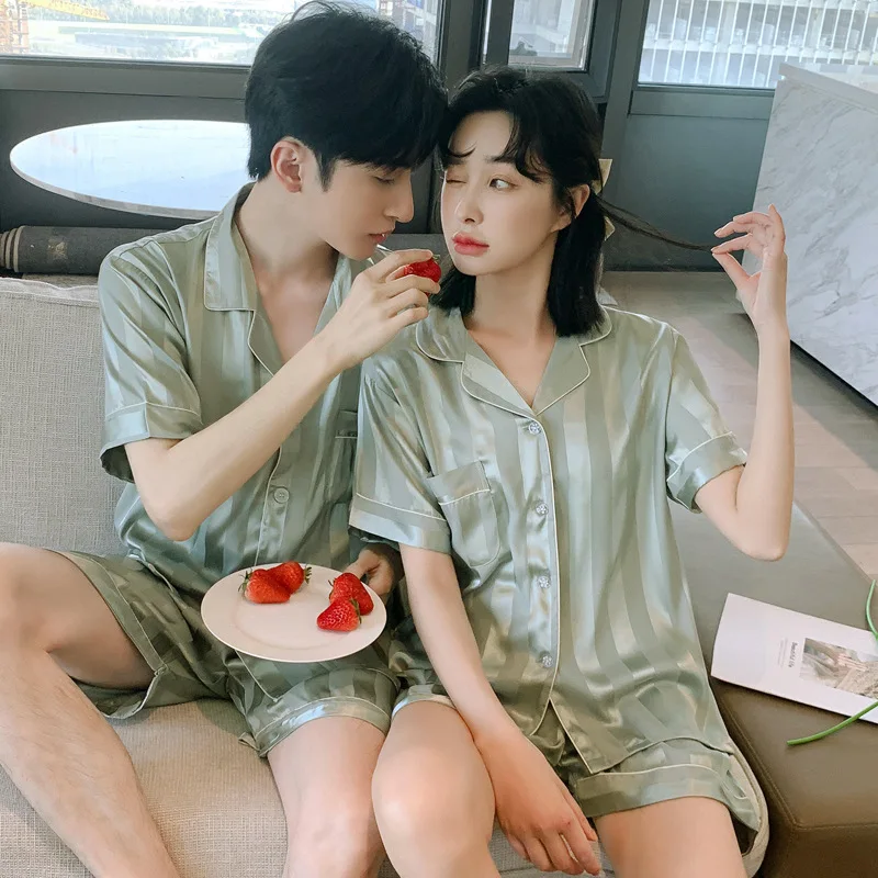 

Spring Summer Long-sleeve Cardigan Pyjamas Set Ice Silk Couple Pajamas Sets Silk Women's Pajama Men's Short Sleeve Home Clothing