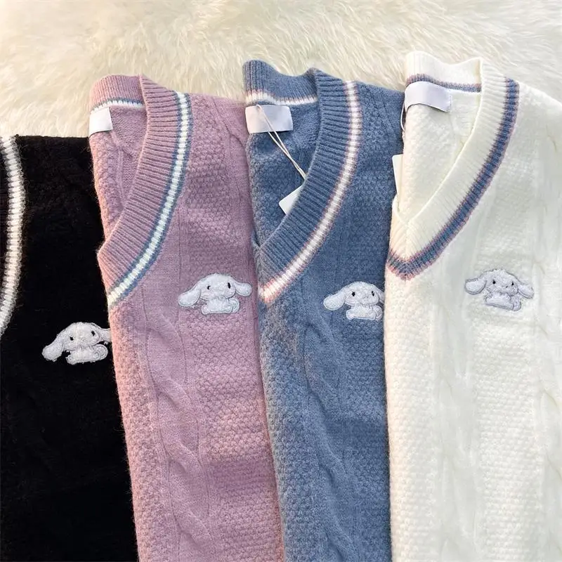 Kawaii Sanrio Cinnamoroll Woolen Knitted Vest Girl Cute Anime Academy Style Jk Underlayer Top Girl Warm Birthday Christmas Gift