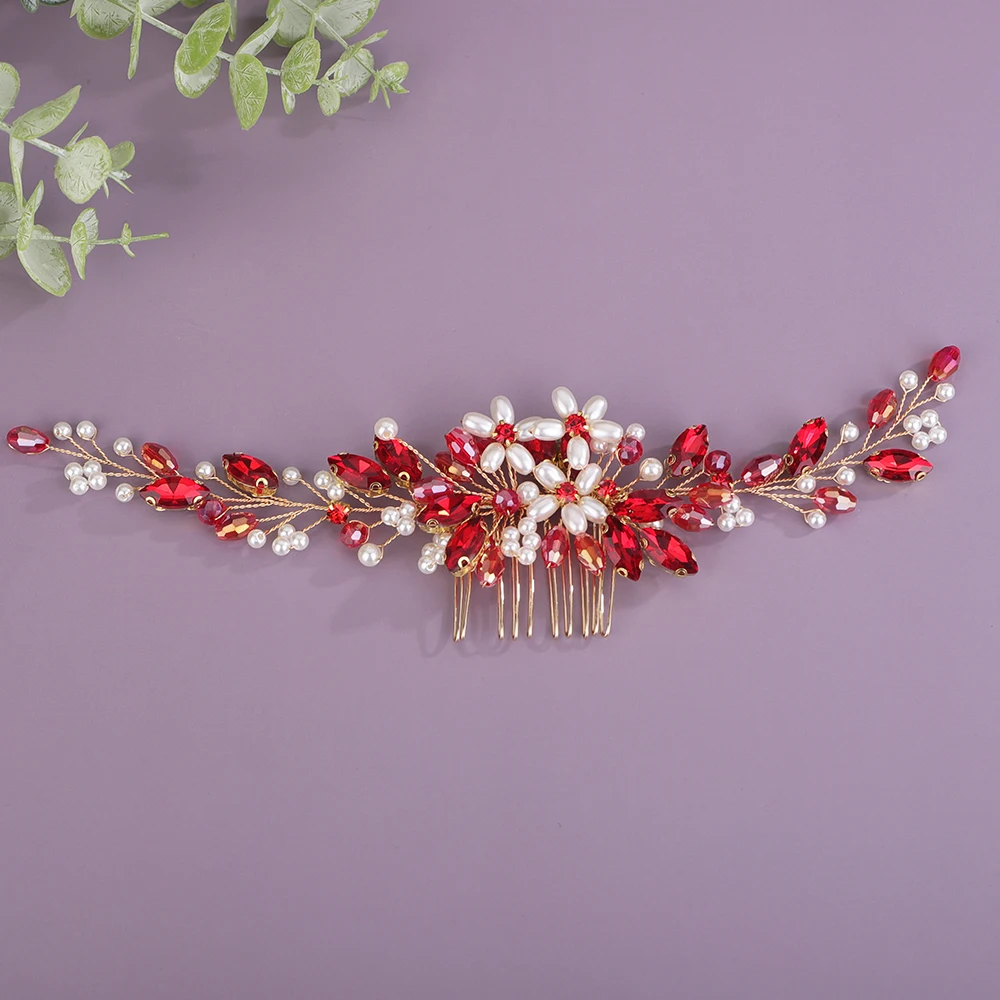 12Colors Red Fashion Women Wedding Hair Comb Pink Pearl Rhinestone Green Bridal Hair Accessories Handmade Black Blue Party Tiara