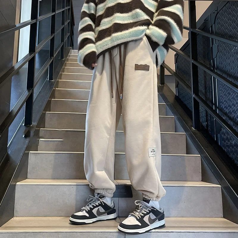 Men\'s Clothing Simplicity Versatile Autumn and Winter New Fashion Drawstring Splice Pockets Solid Color Mid Waist Casual Pants