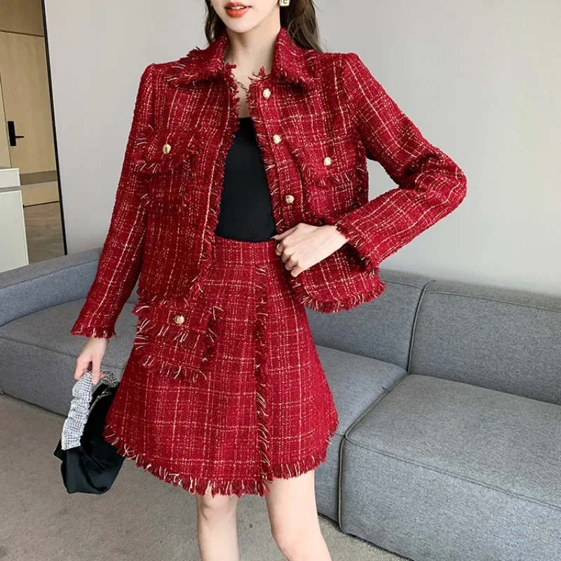 

LKSK Two Piece Set for Women Womens Short 2 Sets Pleated Suit with Skirt and Tassels Jacket 2023 Autumn Streetwear Vintage