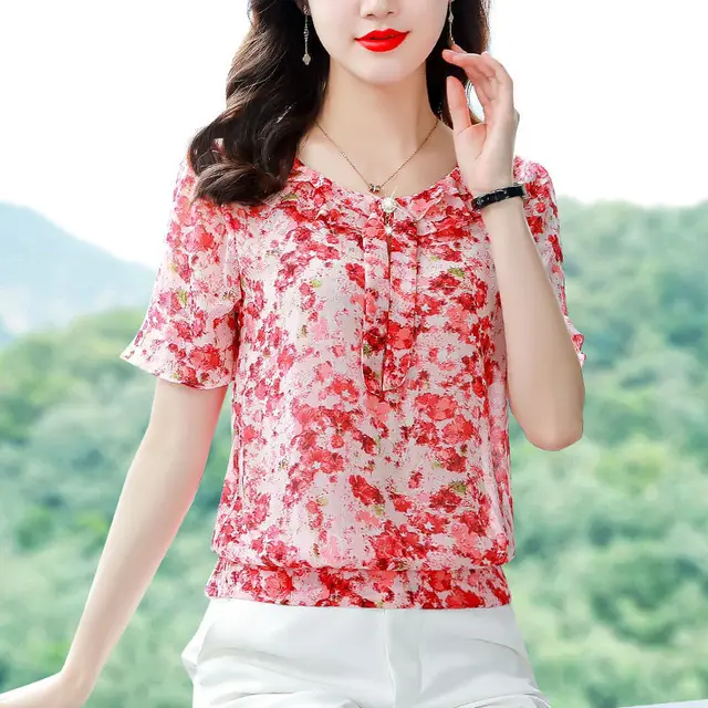 Short Sleeve Round Neck Chiffon Blouse Women Floral Print 2022 Female  Casual Chic Shirts Summer Korean Ladies Loose Pullover Top - Women Blouse -  AliExpress