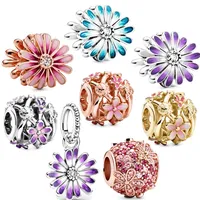 Openwork Pink Purple Golden Blue Daisy Flower Charm Bead Fit Original European Silver 925 Bracelet Necklace DIY Women  Jewelry 1