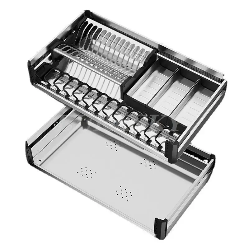 Pulling Kitchen Cabinet Basket Two-layer drawer-type Aluminum Alloy Deepening Cabinet With Bowls Chopsticks Dishe Storage Basket