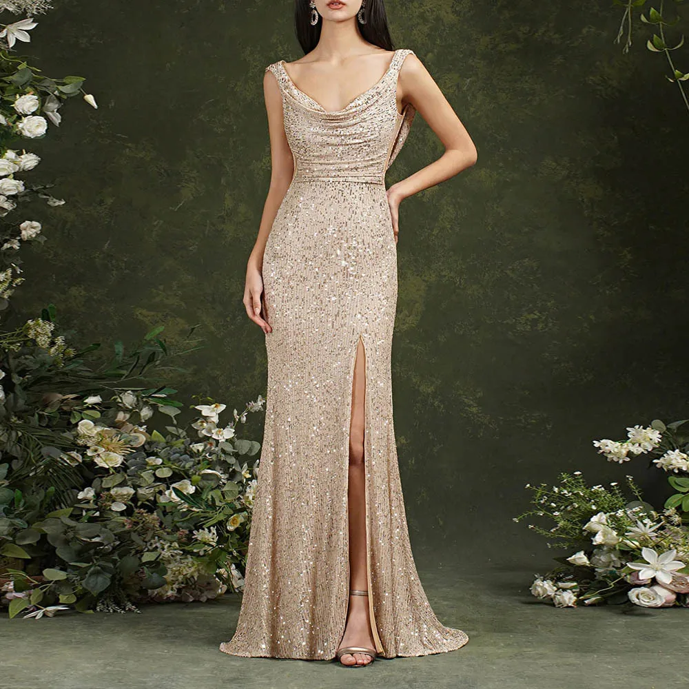 

Zoctuo New In Glitter Formal Dresses For Women Sequin Sexy Strap High Slit Slim Gowns Elegant Evening Party Long Cocktail Dress