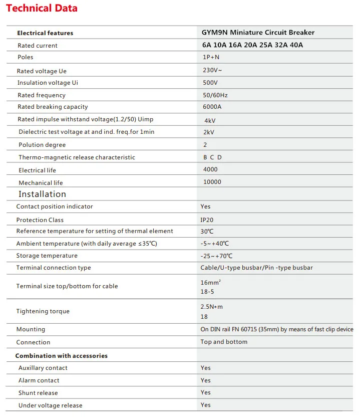 Description Picture 5 of itemGEYA GYM9N 1P+N MCB 6A 10A 16A 20A 25A 32A 40A 220V AC Circuit Breaker 6KA C Curve B Curve