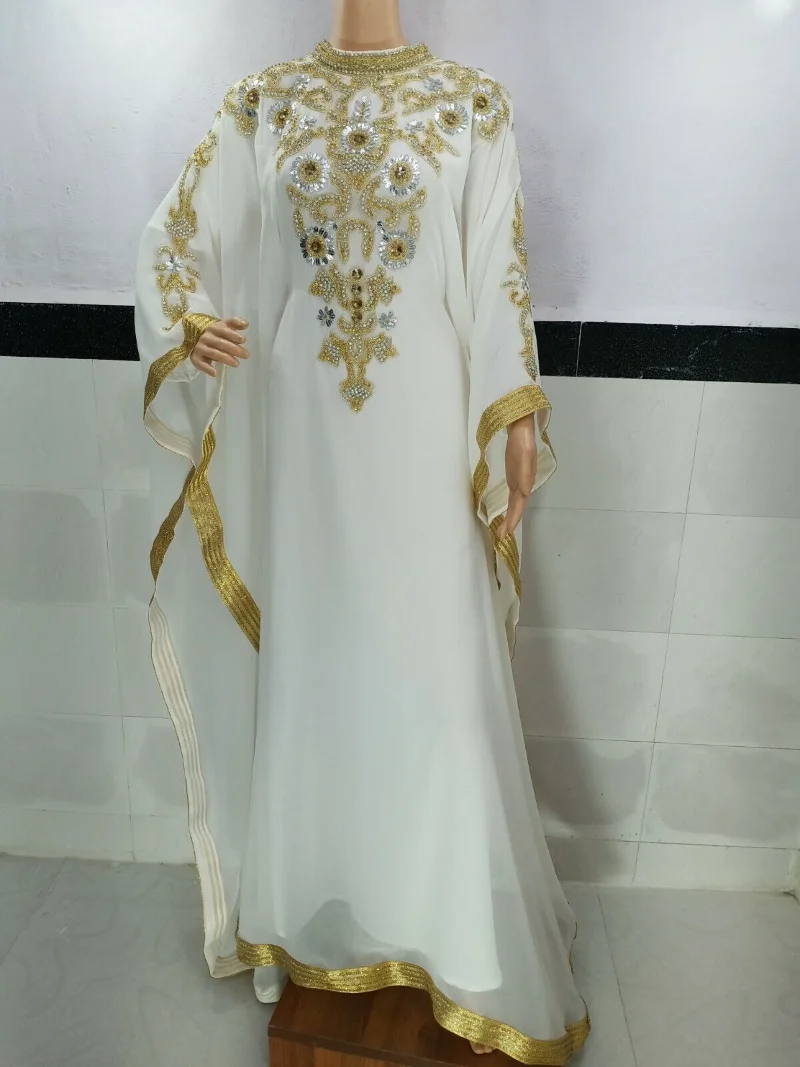 White Robe Sequin Beading Decoration Kaftans Farasha Abaya Dress Very Fancy Long Gown