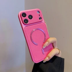Vintage - Style Leather Magnetic Wireless Charger Case with Full Lens Protection and Shockproof Bumper - iPhone 15 (Rose Red)