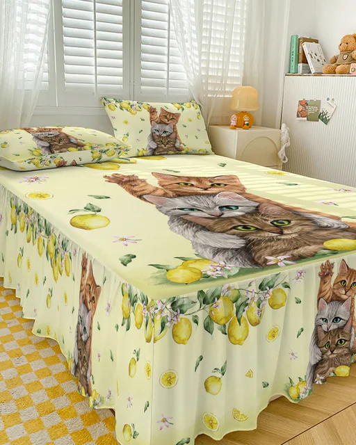과일 레몬 고양이 침대 스커트: 귀여움과 편안함이 만나는 꿈의 침구 세트