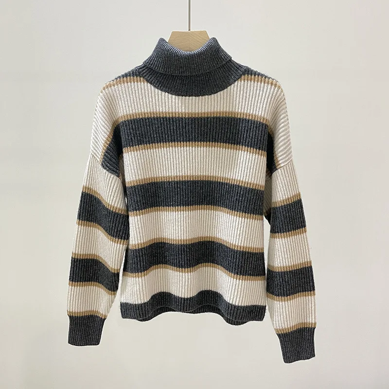 

Women Contrast Color Stripes Turtleneck Sweater Long Sleeve 100% Cashmere 2023 Autumn Female All-Match Casual Pullover