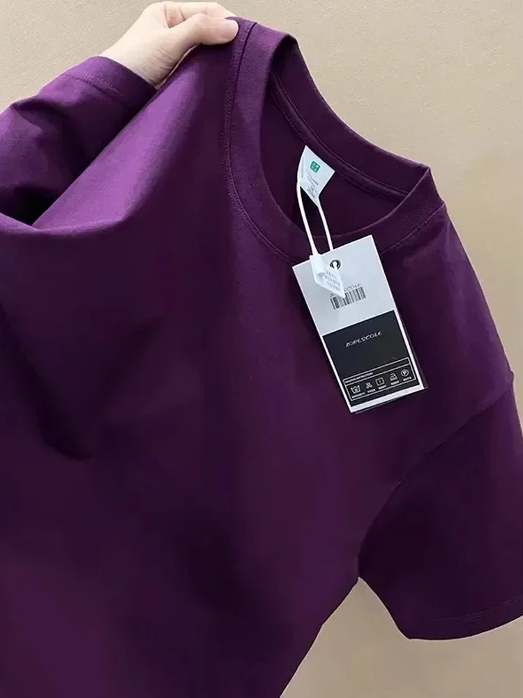 Heavyweight Pure Cotton Men's T-irt Summer Small Collar ort Sve Cleanfit oulder American Sle f Sve Ume Purple