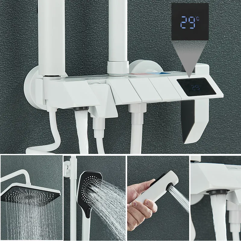 White Black Shower Faucet Set Digital Display Screen Rainfall Piano Bath Cold Hot Water Mixer Bathroom Shower Systems bathroom faucet bathroom shower faucet set