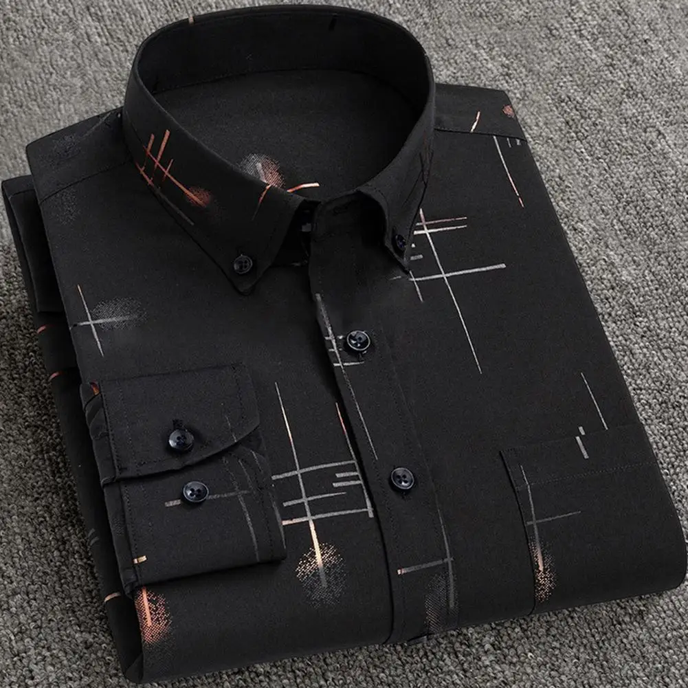 

Men Long Sleeve Shirt Men Commute Shirt Men's Formal Business Shirt Slim Fit Single-breasted Printed Lapel Long Sleeve for Fall