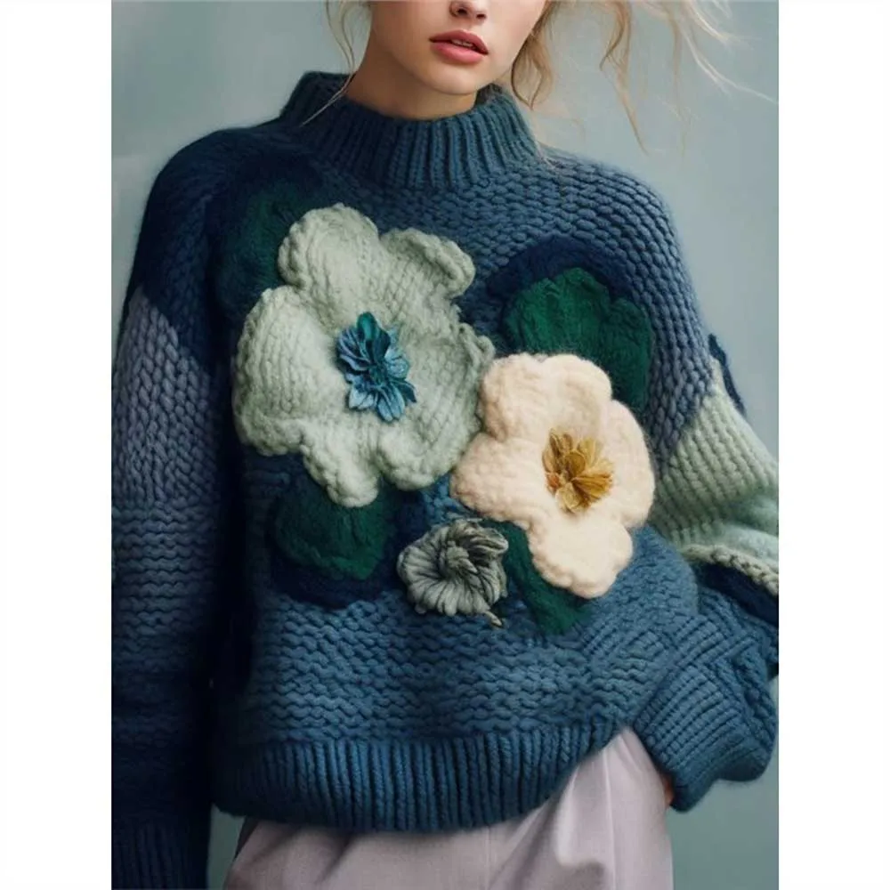 

Age Reducing Fashion Blue Flower Knitted Sweaters Feminine Advanced Autumn Winter New Retro 3D Flower Loose Pullover Women Tops