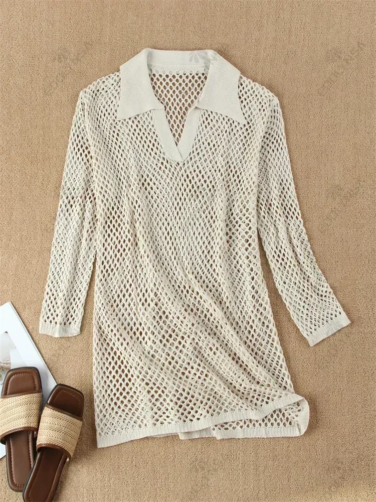 Solid Colour Beach Knit Midi Dress Women's 2025 Summer Sexy Hollow Out Long  Sleeve Boho Holiday Loose Beachwear Dresses K17 - AliExpress 200000345
