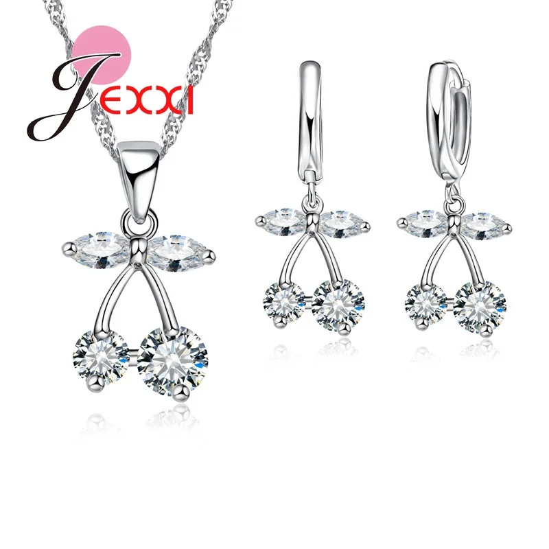 925 Sterling Silver Jewelry Set Crystal Rhinestone Flower Pendant Necklace Earring Sets