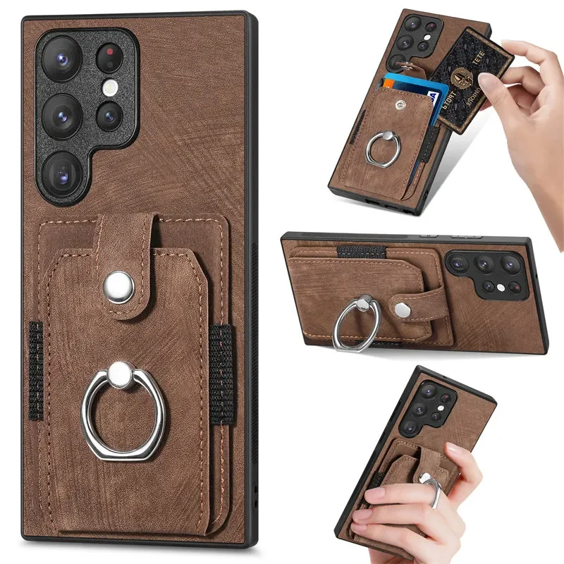 Leather Phone Case with Magnetic Car Holder and Wallet Card Back Cover