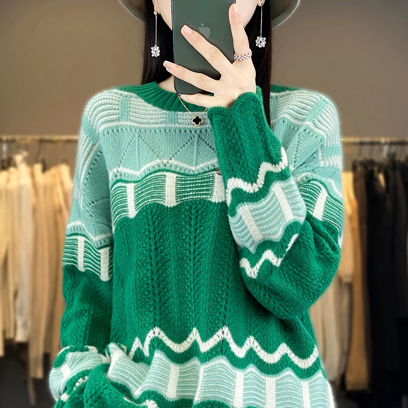 new-autumn-and-winter-100-wool-cashmere-sweater-o-neck-hollow-women's-striped-joker-top-loose-knit-fashion-pullover-sweater