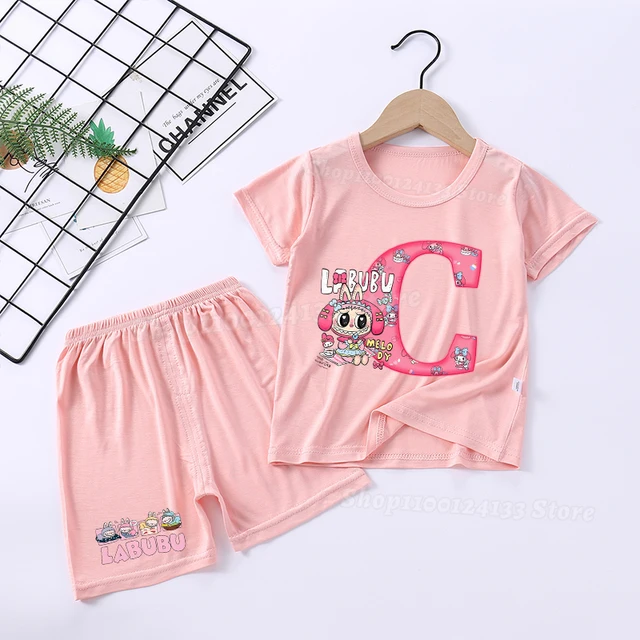 Labubu Melody Baby Pink Pajama Set – Cute Anime A-Z Print Sleepwear for Girls, Lightweight Short Sleeve & Kawaii Shorts 2