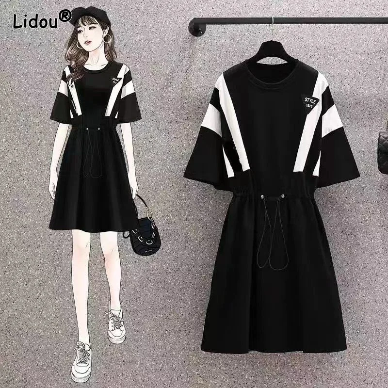

Casual O-Neck Belt Knee-length Summer Women's Clothing Empire Patchwork Pullover Brocade Dresses Korean Popularity Comfortable