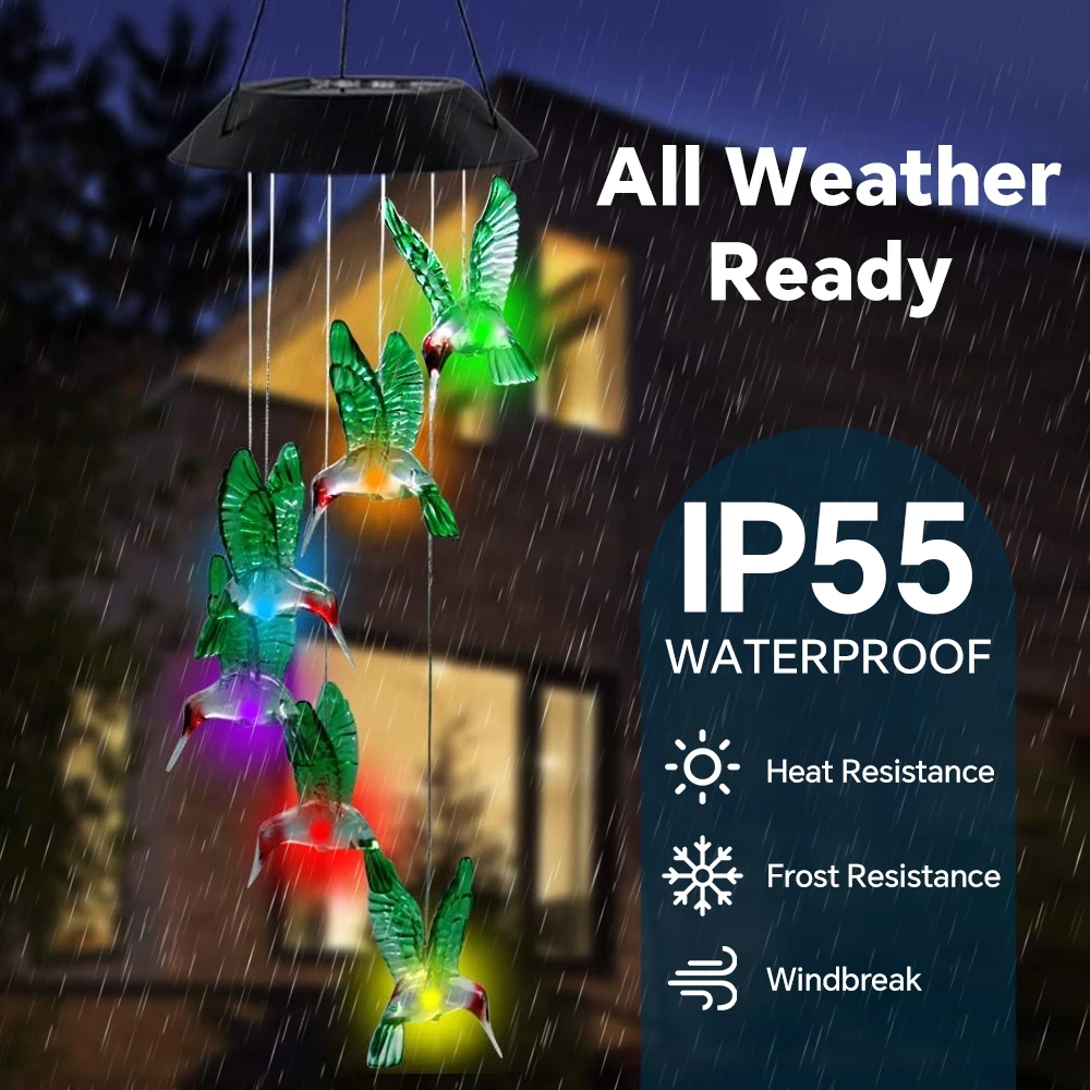 Hummingbird Wind Chimes Outdoor, Solar Powered Lights with Color Changing, Waterproof LED Wind Chime for Yard Party Garden Decor